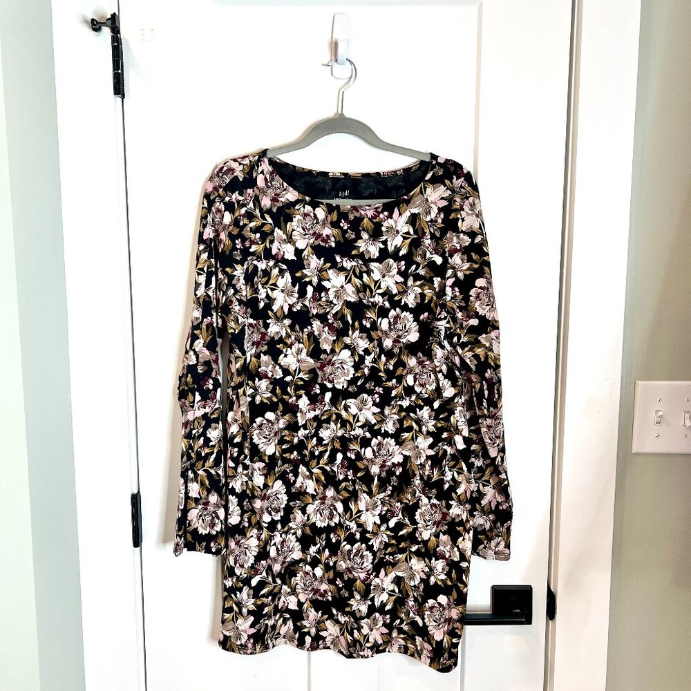J. Jill Black Floral Supima Split Sleeve Tunic Long-Lined Modal Blend Size MT